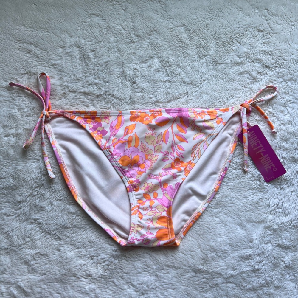 Ninety-Nine Retro Floral Side Tie Hipster Bikini Bottoms Pink Orange Large NWT